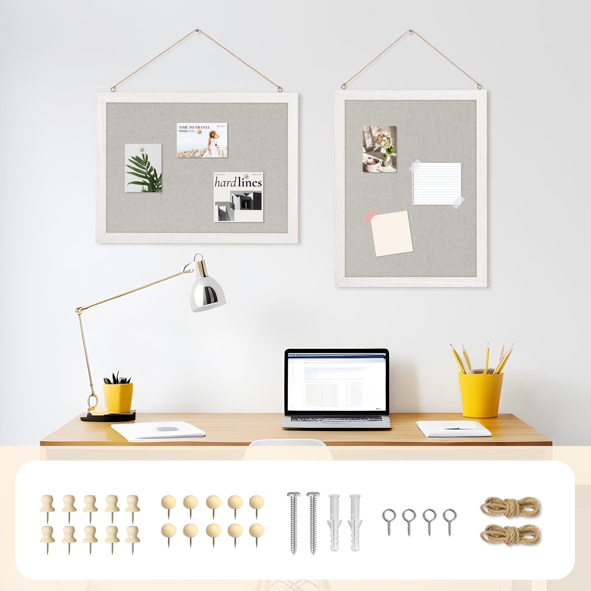 Grey Linen Board 2-Packs 16''X 12'' Wood Framed with 20 Pushpins