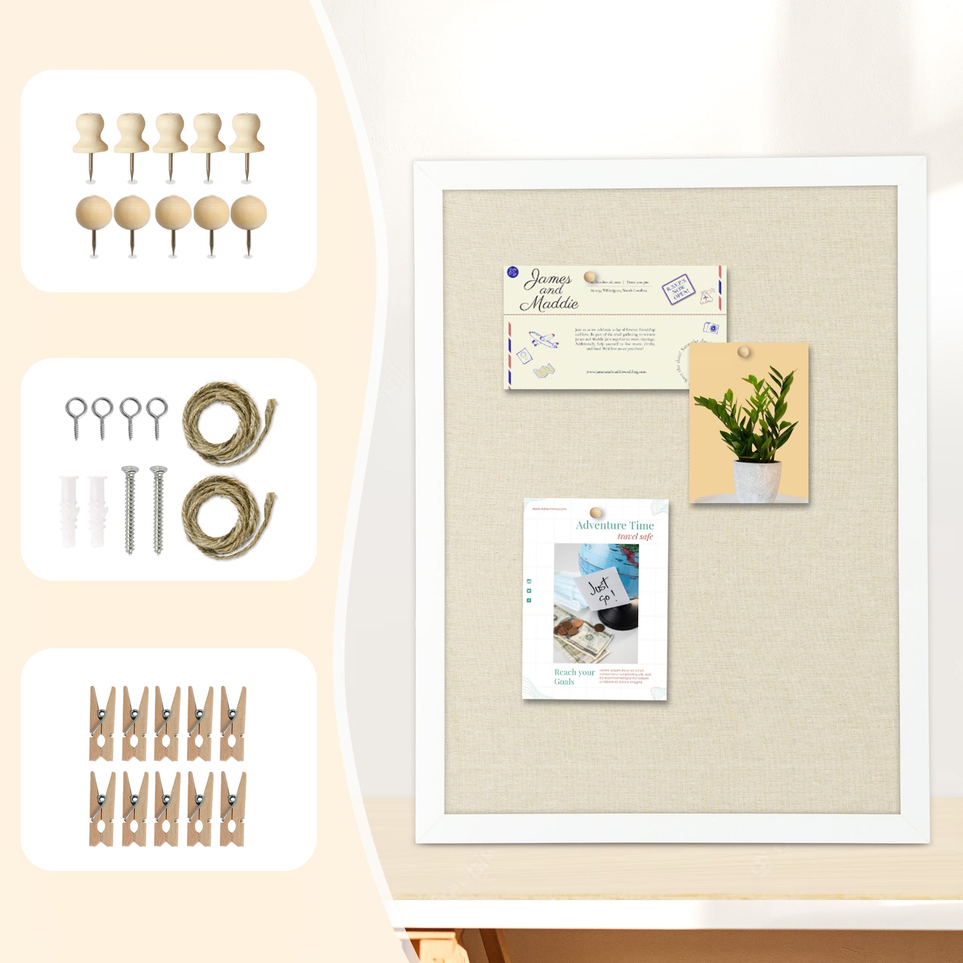 Linen and Cork Board, Wood Framed, Double-Sided with 20 Pushpins 10 Clips