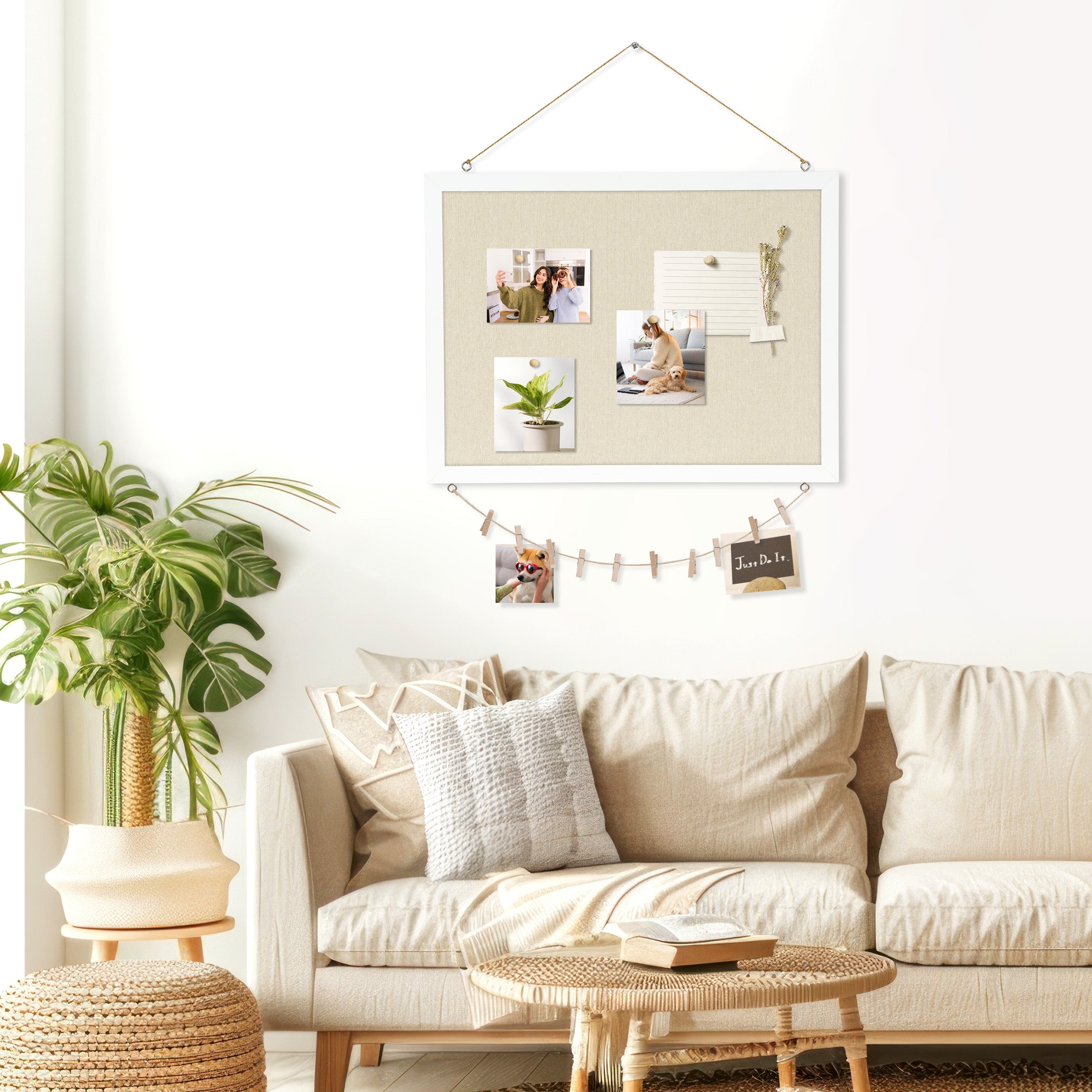 Linen and Cork Board, Wood Framed, Double-Sided with 20 Pushpins 10 Clips for Living Room