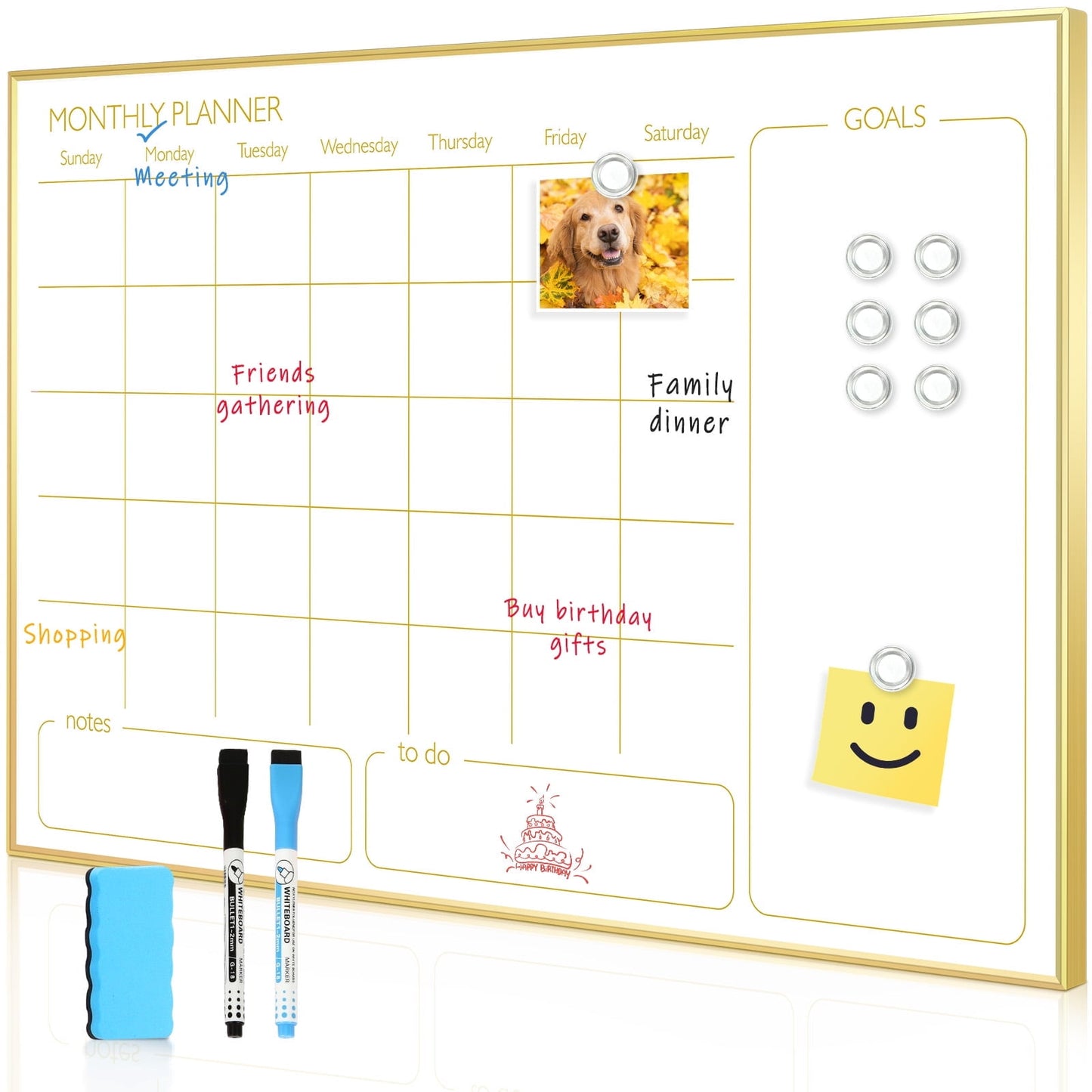 Monthly Calendar Whiteboard Magnetic Dry Erase Calendar White Board Calendar with Gold Frame