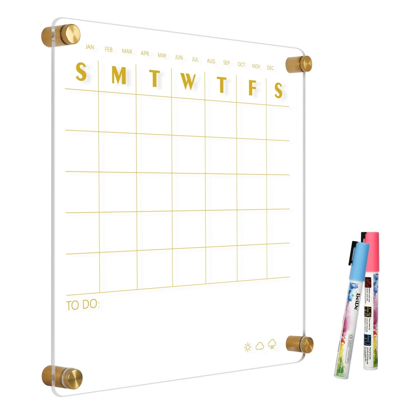Acrylic Calendar for Wall Small 12x12 inch Golden Clear Dry Erase Board Non-Magnetic Planner Wall Mounted Board