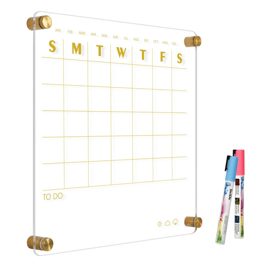 Acrylic Calendar for Wall Small 12x12 inch Golden Clear Dry Erase Board Non-Magnetic Planner Wall Mounted Board