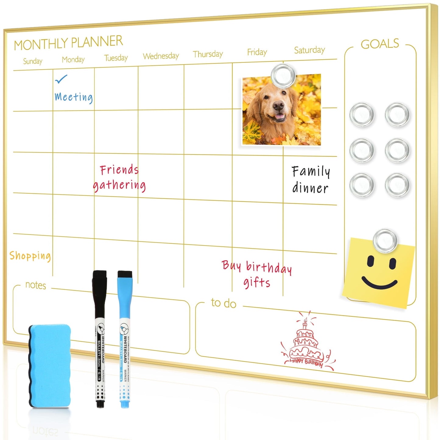 Monthly Calendar Whiteboard Magnetic Dry Erase Calendar White Board Calendar with Gold Frame