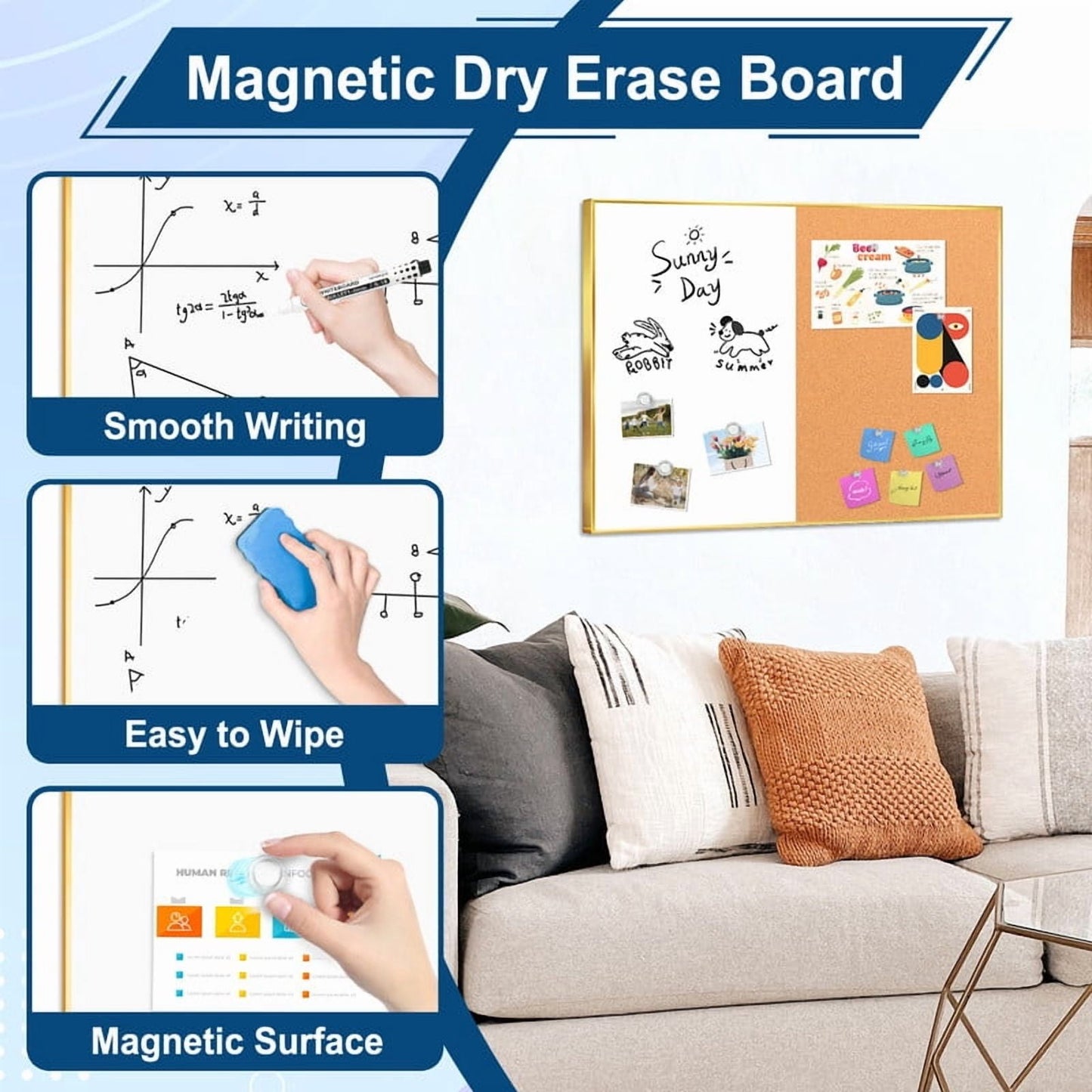 Cork Board Magnetic Dry Erase Board Combo Lage Whiteboard and Bulletin Board Combination Gold Frame