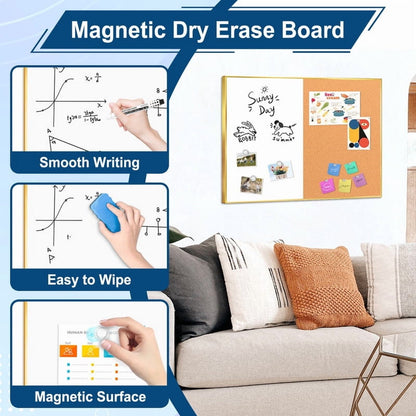 Cork Board Magnetic Dry Erase Board Combo Lage Whiteboard and Bulletin Board Combination Gold Frame