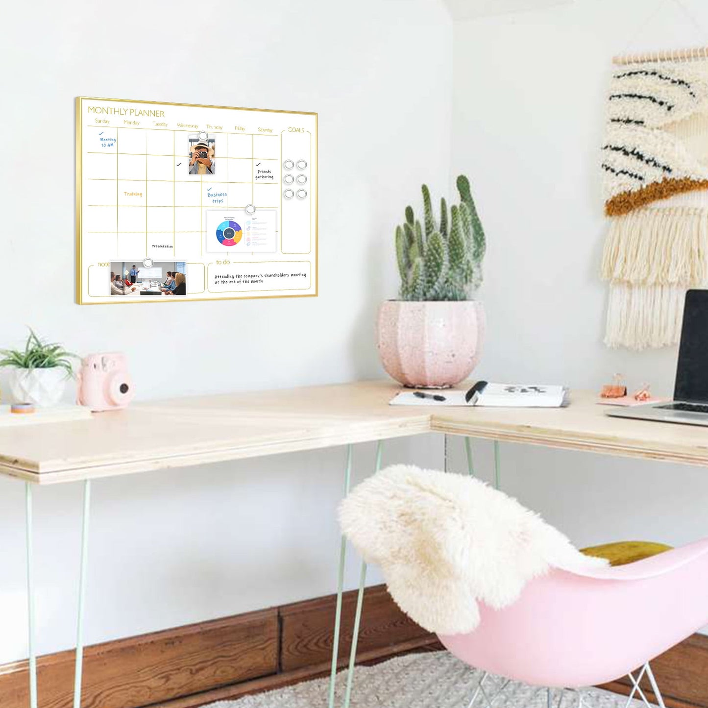 Monthly Calendar Whiteboard Magnetic Dry Erase Calendar White Board Calendar with Gold Frame