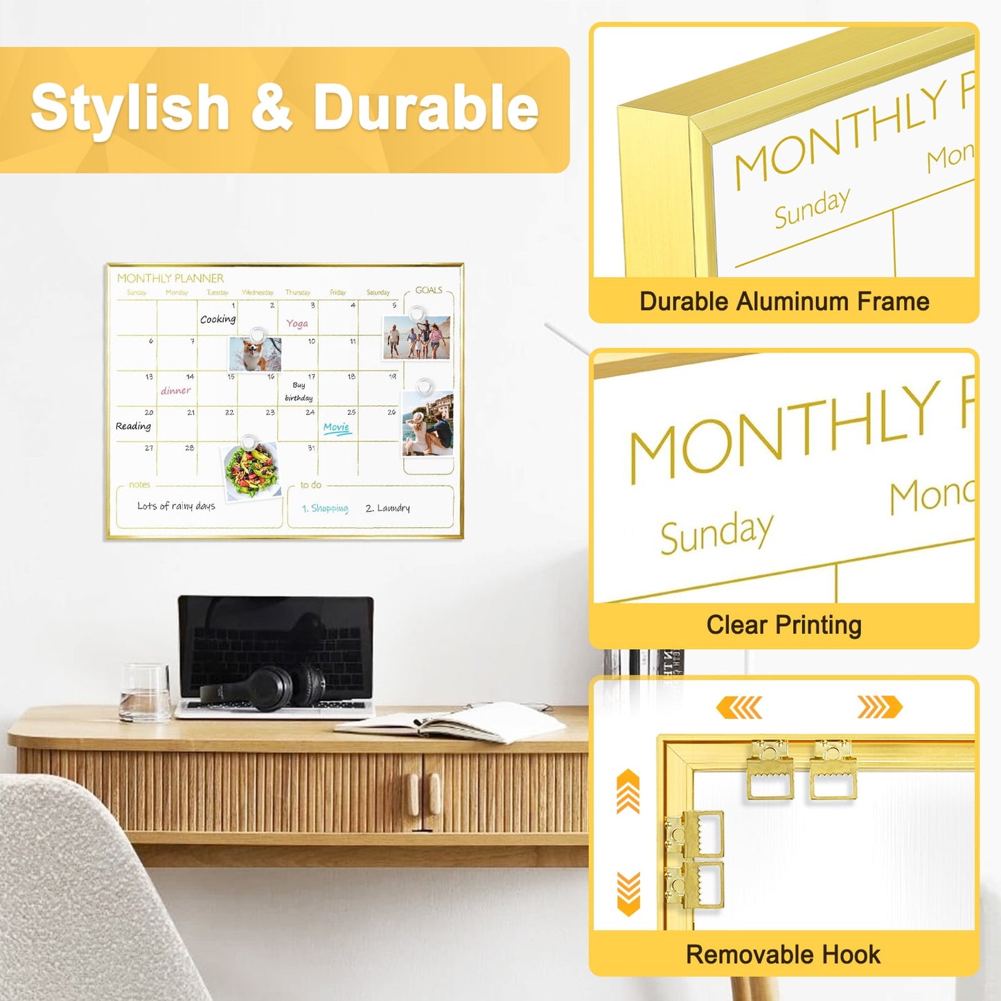 Monthly Calendar Whiteboard Magnetic Dry Erase Calendar White Board Calendar with Gold Frame