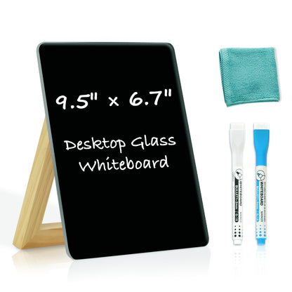 Desktop Black Glass Dry Erase Whiteboard with Reversible Wood Stand Small Whiteboard