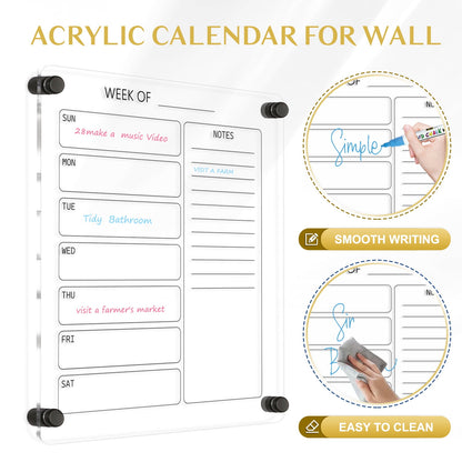 Small Acrylic Calendar for Wall 12x14 in Clear Acrylic Wall Calendar, Clear Wet & Dry Erase Calendar Frameless Weekly Planner