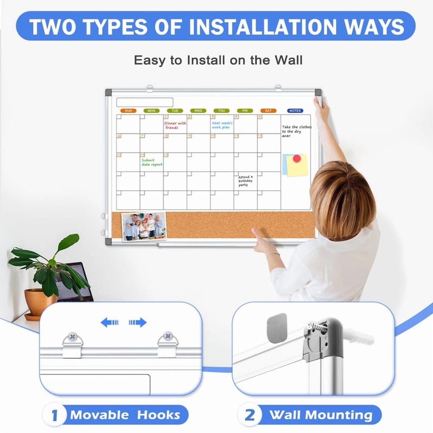 Magnetic Whiteboard Calendar Whiteboard Dry Erase Cork Board Combination Double-Sided Monthly White Boar for Wall