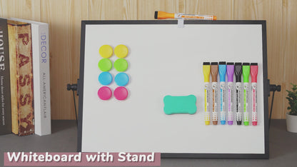 Small White Board with Stand, 16" x 12", Double-Sided with 8 Markers 8 Magnets 1 Eraser-Black