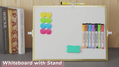 Small White Board with Stand, 16" x 12", Double-Sided with 8 Markers 8 Magnets 1 Eraser-Gold