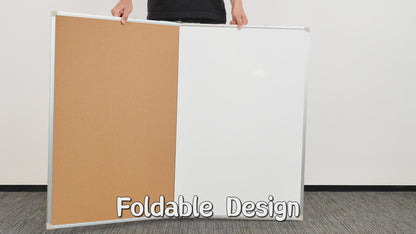 Foldable Cork Board Whiteboard Combo Double-Sided, Large Bulletin Board with 20 Pins 3 Markers 8 Magnets 1 Eraser